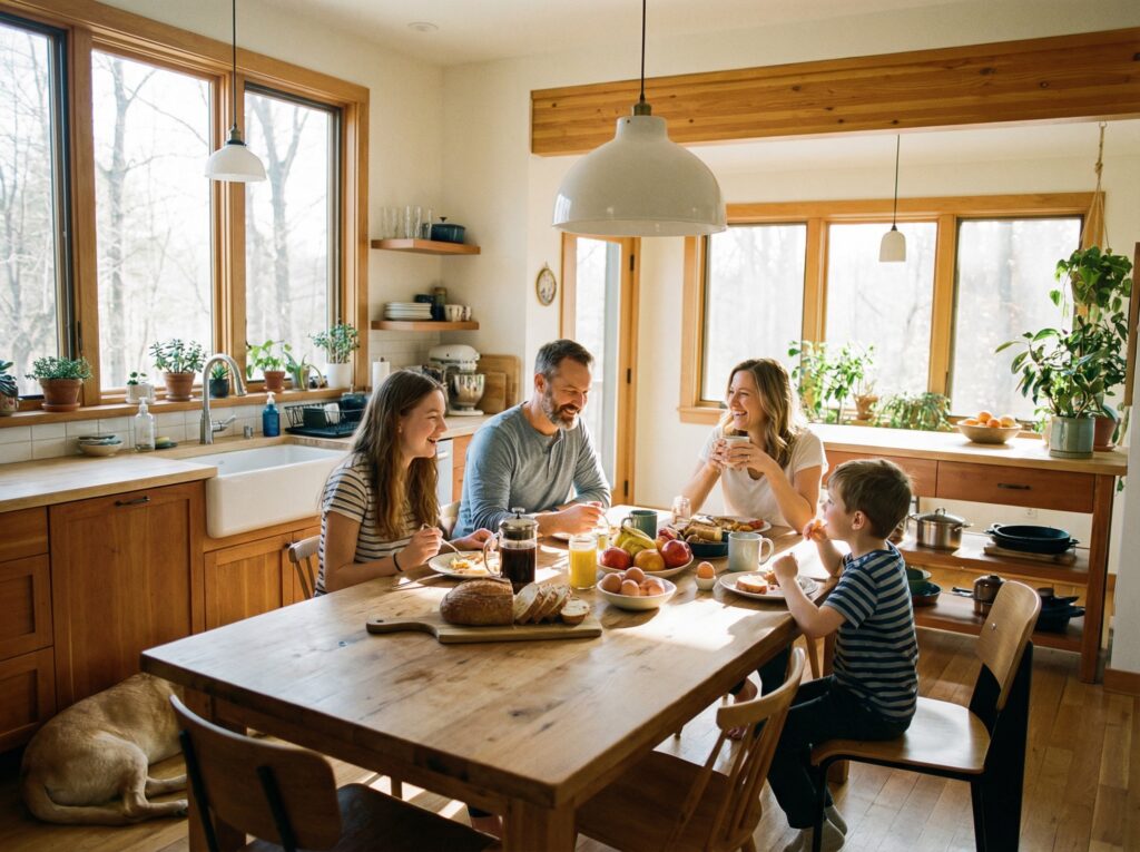 Familj runt ett köksbord